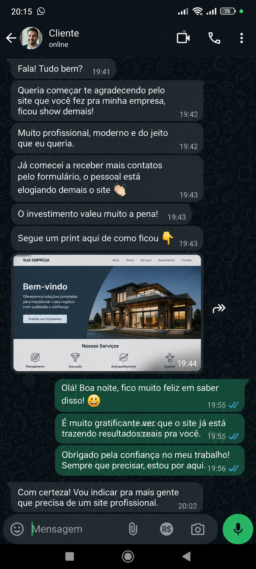 Depoimento de cliente 2 enviado por mensagem