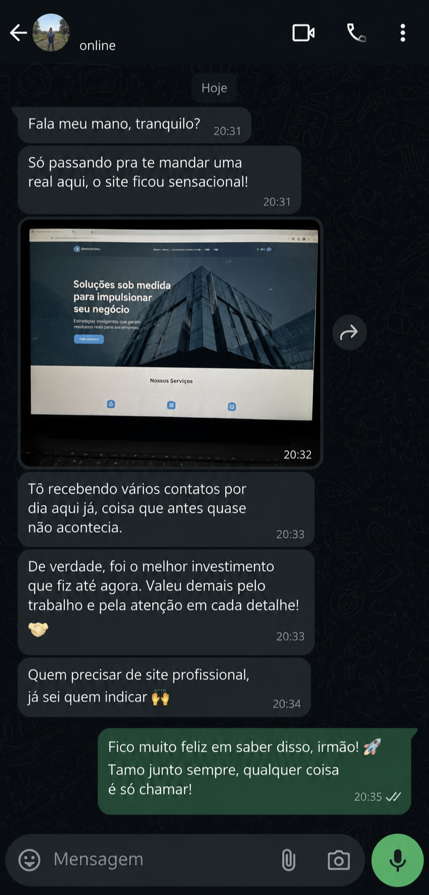 Depoimento de cliente 1 enviado por mensagem