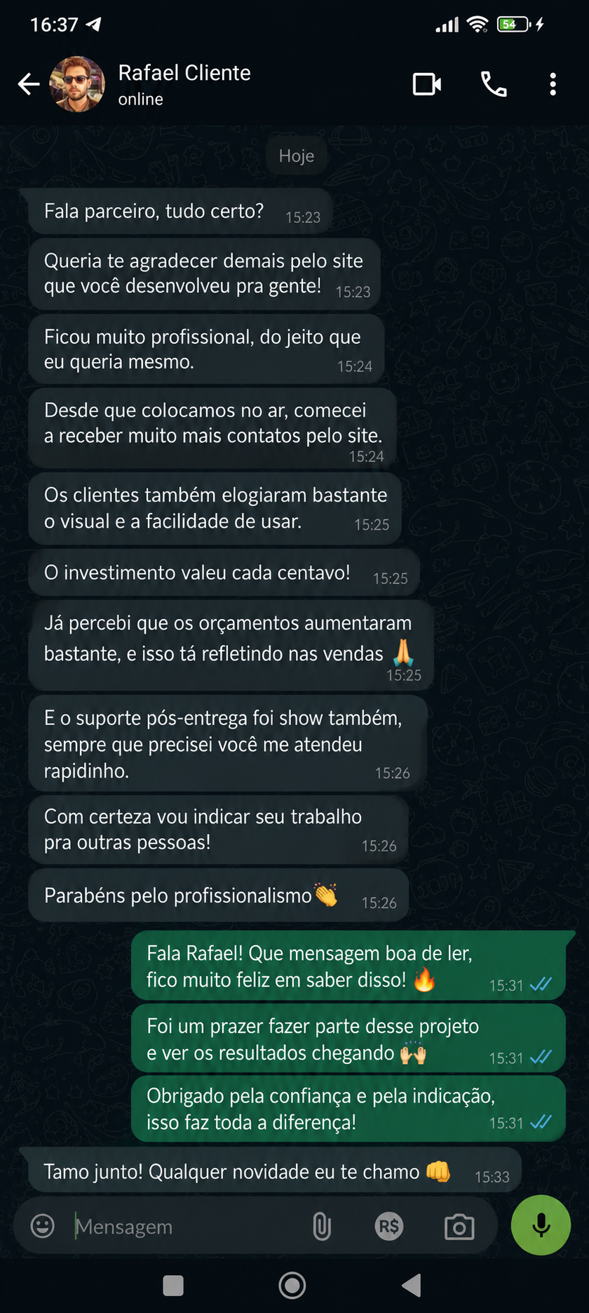 Depoimento de cliente 7 enviado por mensagem